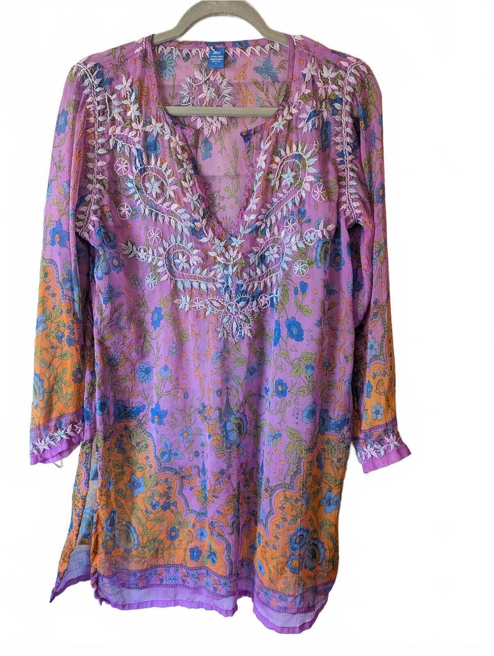 Roji Purple and Orange Floral Embroidered Silk Tunic Dress Size L